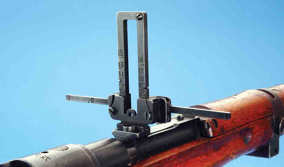 One of the oddest rear sights developed for infantry rifle use was this double aperture, ladder-type rear with extendable “wings” for lead when firing at low-flying aircraft. Note it was placed on the rifle’s barrel where normally an open rear sight was placed.